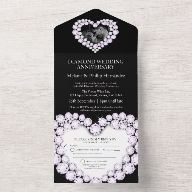 60th diamond wedding anniversary photo black all in one invitation (Inside)