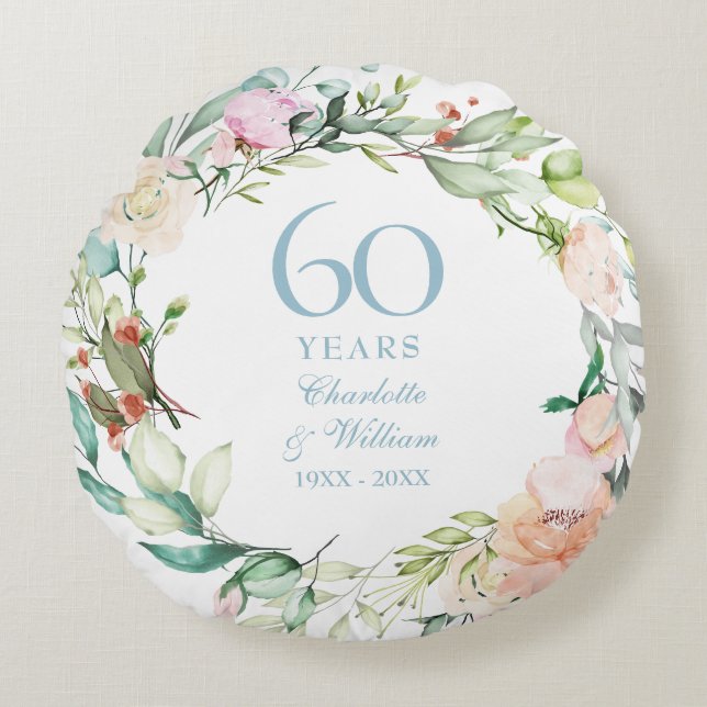 60th Diamond Wedding Anniversary Photo Floral Round Cushion (Front)