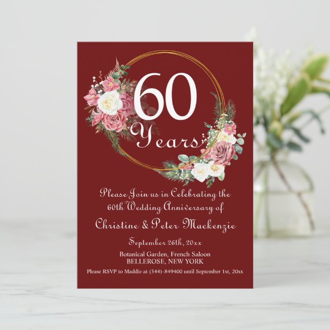 60th Diamond Wedding Anniversary Roses Gold Frame Invitation (Standing Front)