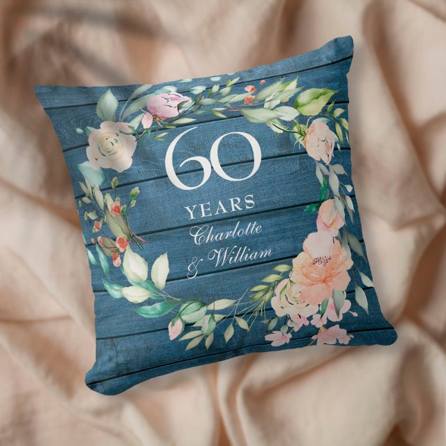 60th Diamond Wedding Anniversary Rustic Floral Cushion (Creator Uploaded)