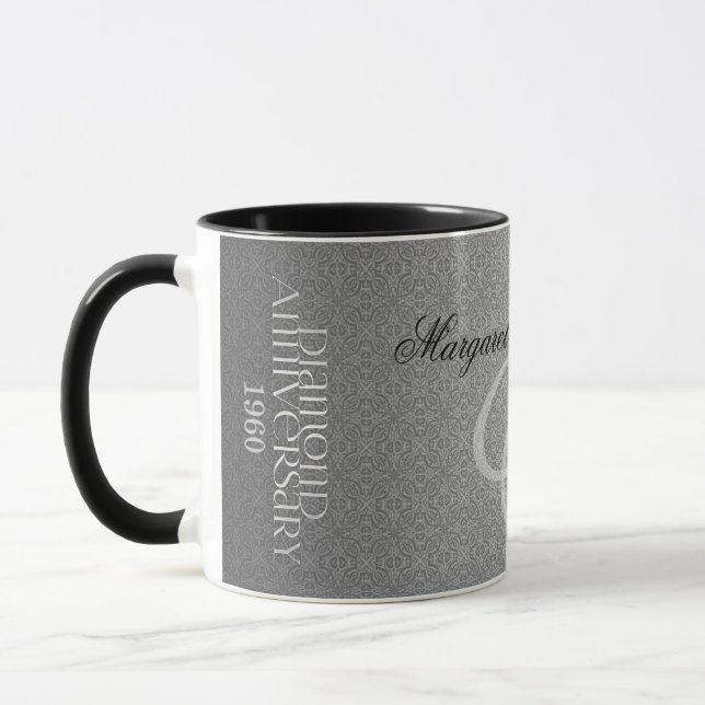 60th Diamond Wedding Anniversary Silver Damask Mug (Left)