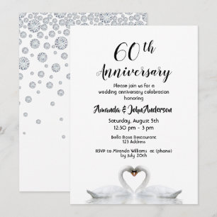 60th diamond wedding anniversary two swans white invitation