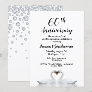 60th diamond wedding anniversary two swans white invitation