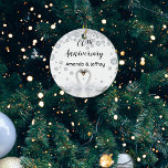 60th diamond wedding anniversary white swans ceramic tree decoration<br><div class="desc">Two beautiful swans in love bending their heads toghether and forming a heart. Decorated with faux diamonds. White elegant background, perfector for a diamond wedding anniversary! A swan couple stay together for life, so they are the perfect symbol of love. With the text: 60th Anniversary. Template for two names, black...</div>