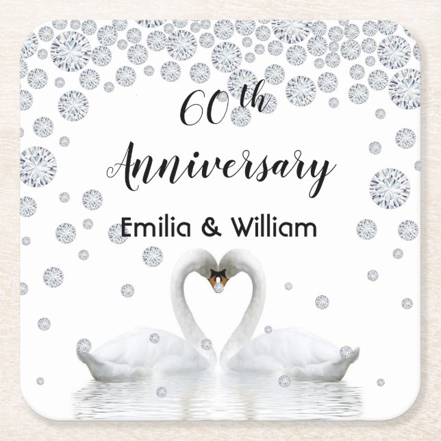 60th diamond wedding anniversary white swans love square paper coaster (Front)