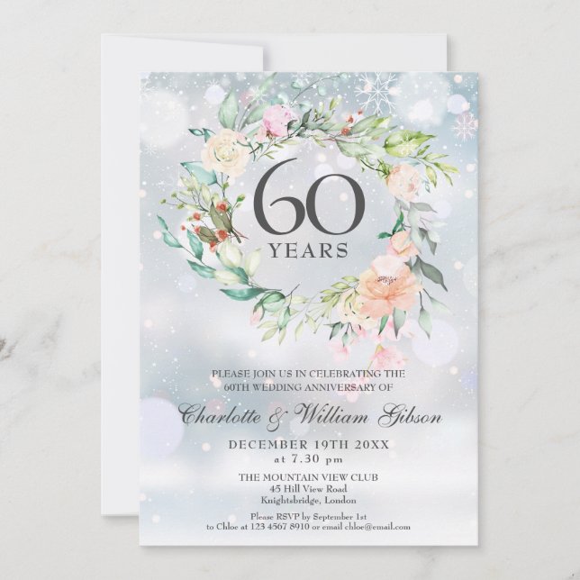 60th Diamond Wedding Anniversary Winter Floral Invitation (Front)