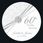 60th Diamond White Wedding Anniversary Classic Round Sticker<br><div class="desc">🥇AN ORIGINAL COPYRIGHT ART DESIGN by Donna Siegrist ONLY AVAILABLE ON ZAZZLE! Stickers. 60th Diamond White Wedding Anniversary ready to customise for your party or event by using the templates or removing all text and starting fresh and designing for your own event. This elegant design works well for a birthday...</div>