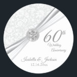 60th Diamond White Wedding Anniversary Classic Round Sticker<br><div class="desc">🥇AN ORIGINAL COPYRIGHT ART DESIGN by Donna Siegrist ONLY AVAILABLE ON ZAZZLE! Stickers. 60th Diamond White Wedding Anniversary ready to customise for your party or event by using the templates or removing all text and starting fresh and designing for your own event. This elegant design works well for a birthday...</div>