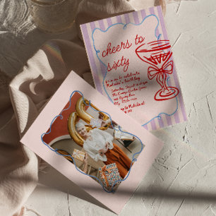 60th Drawn Colourful Champagne Retro Photo Birthda Invitation