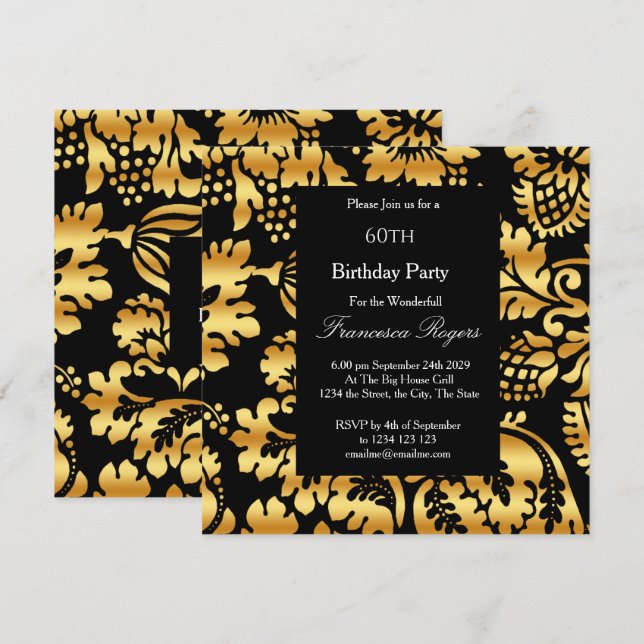 60th Elegant Birthday Party Gold Black Invitation (Front/Back)