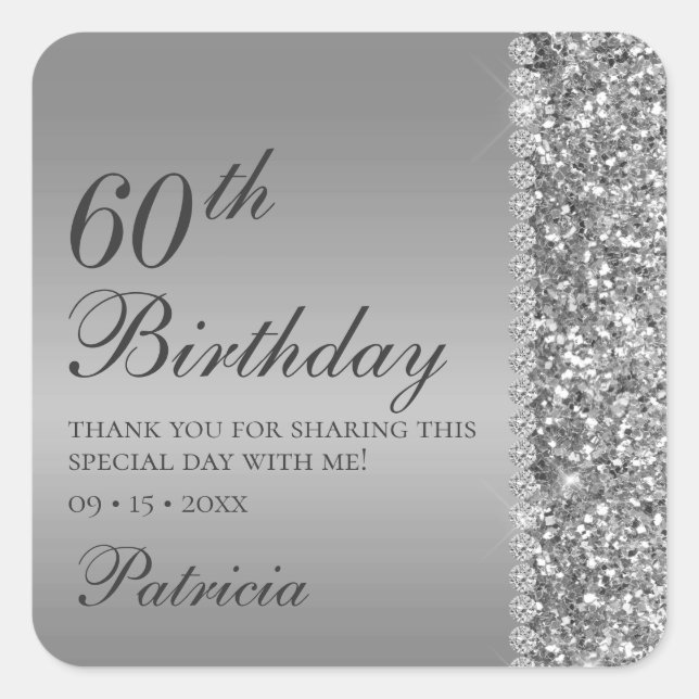 60th Elegant Silver Birthday Square Sticker (Front)