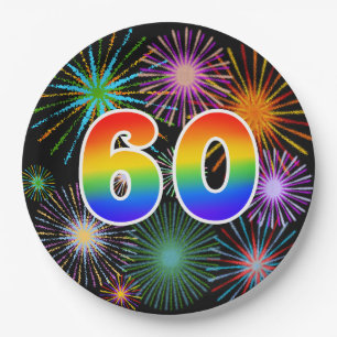 60th Event - Fun, Colourful, Bold, Rainbow 60 Paper Plate