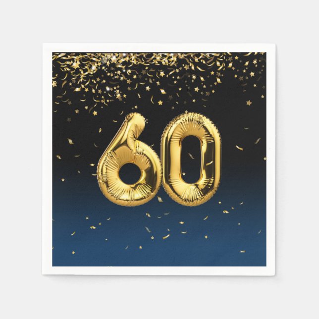 60th Gold Balloons and Confetti Napkins (Front)