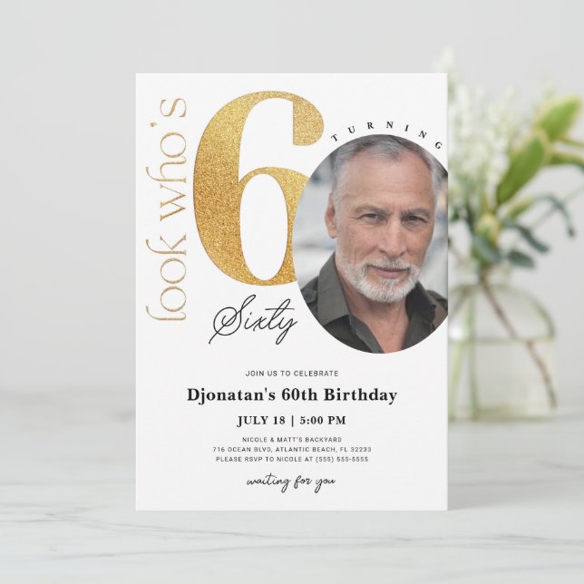 60th Gold Birthday Invitation with Photo (Standing Front)