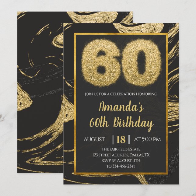 60th Gold Marble Birthday Invitation (Front/Back)