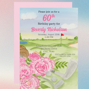 60th Golf Birthday Party Peonies On Golf Course In Invitation