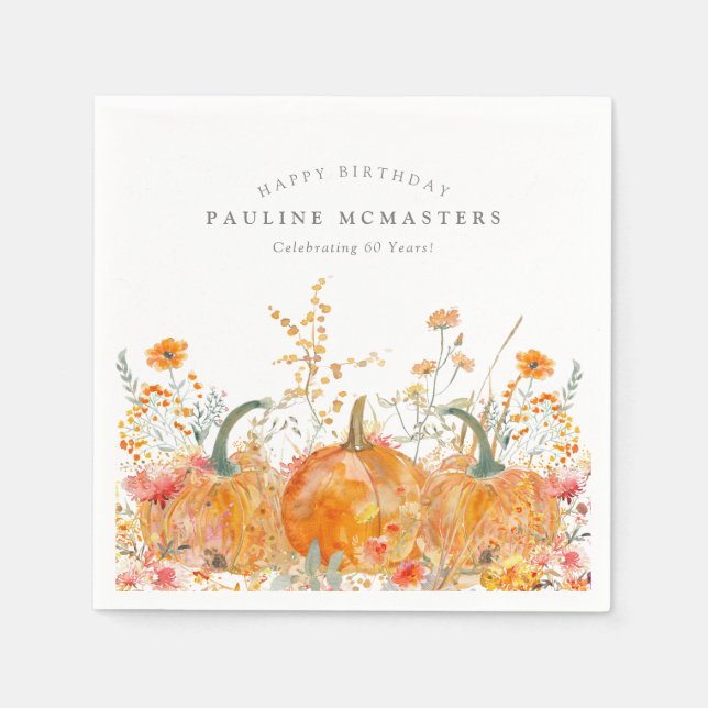 60th Happy Birthday Pumpkin Wildflower Custom Napkin (Front)