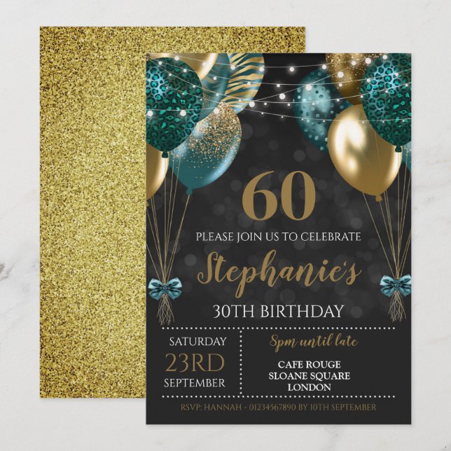 60th Invite Teal Green Gold Invitation (Front/Back)
