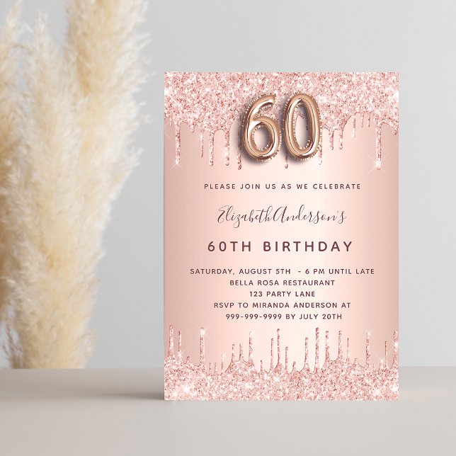 60th irthday rose gold blush glitter drips luxury invitation (Creator Uploaded)
