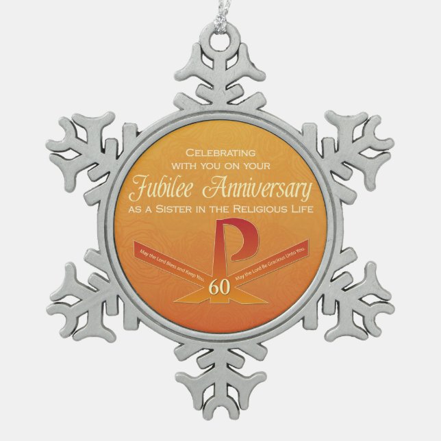 60th Jubilee Anniversary Nun Pax Cross, Orange Snowflake Pewter Christmas Ornament (Front)