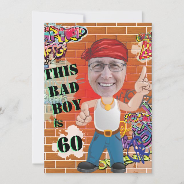 60th Men's Birthday Bad Boy Funny Face Cut-out Invitation (Front)