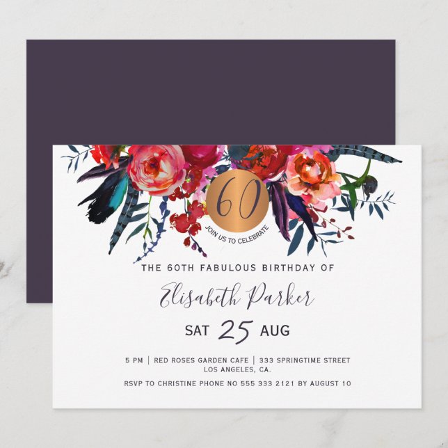 60th Modern boho floral watercolor birthday party Invitation (Front/Back)