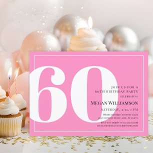 60th Modern Pink and White Script Birthday Invitation