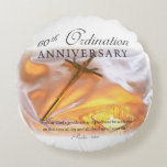 60th Ordination Anniversary, Cross Candle Round Cushion<br><div class="desc">This beautiful cross and candle on satin white cloth is perfect to celebrate an anniversary of religious life. Celebrate an Anniversary of Religious Life with this gift,  souvenir or giveaway.</div>