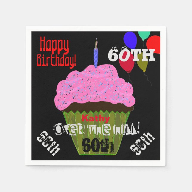 60th Over the Hill Personalised Pink Cupcake Napkin (Front)
