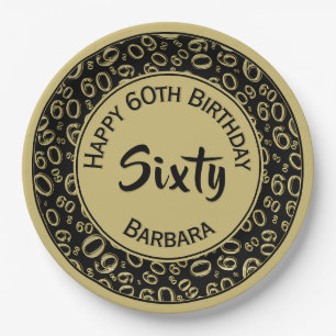 60th Party Random Number Pattern Black/Gold Paper Plate