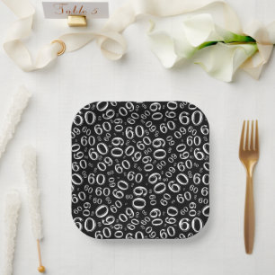 60th Party Random Number Pattern Black/White Paper Plate
