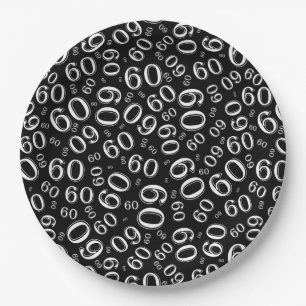 60th Party Random Number Pattern Black/White Paper Plate