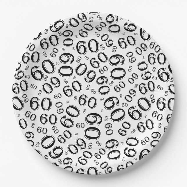 60th Party Random Number Pattern Black/White Paper Plate (Front)