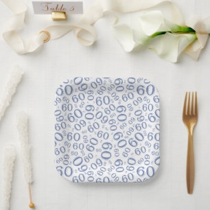 60th Party Random Number Pattern Blue/White Paper Plate