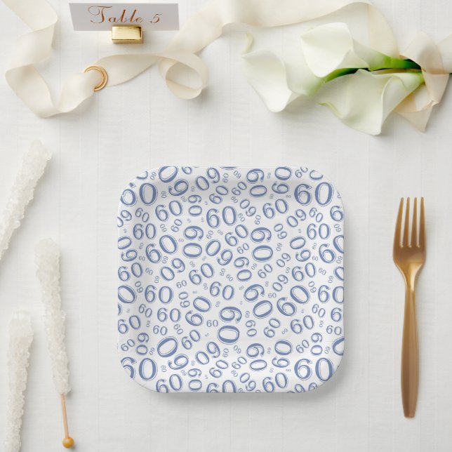 60th Party Random Number Pattern Blue/White Paper Plate (Wedding)