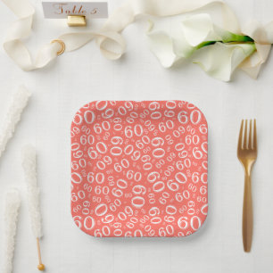60th Party Random Number Pattern Coral/White Paper Plate
