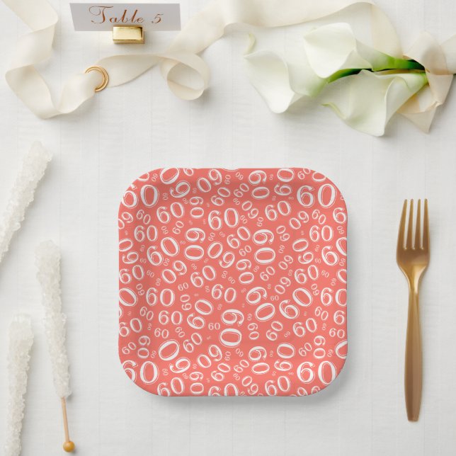 60th Party Random Number Pattern Coral/White Paper Plate (Wedding)