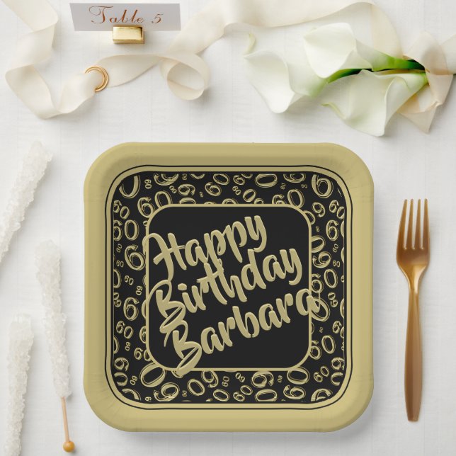 60th Party Random Number Pattern Gold & Black Paper Plate (Wedding)