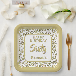 60th Party Random Number Pattern Gold/White Paper Plate