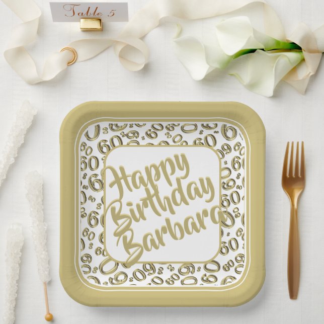 60th Party Random Number Pattern Gold White Paper Plate (Wedding)