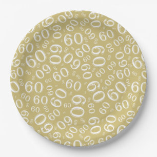 60th Party Random Number Pattern Gold/White Paper Plate