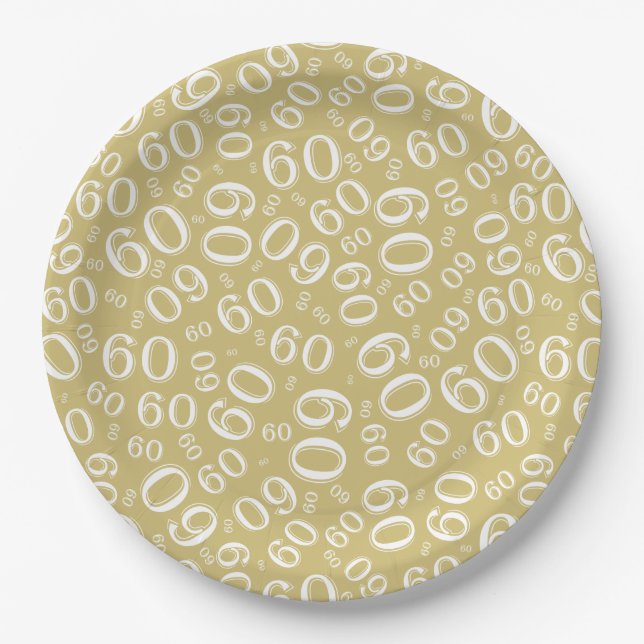 60th Party Random Number Pattern Gold/White Paper Plate (Front)