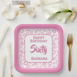 60th Party Random Number Pattern Pink/White Paper Plate