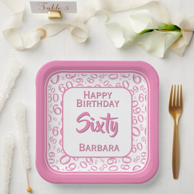 60th Party Random Number Pattern Pink/White  Paper Plate (Wedding)
