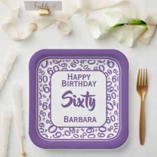 60th Party Random Number Pattern Purple/White Paper Plate
