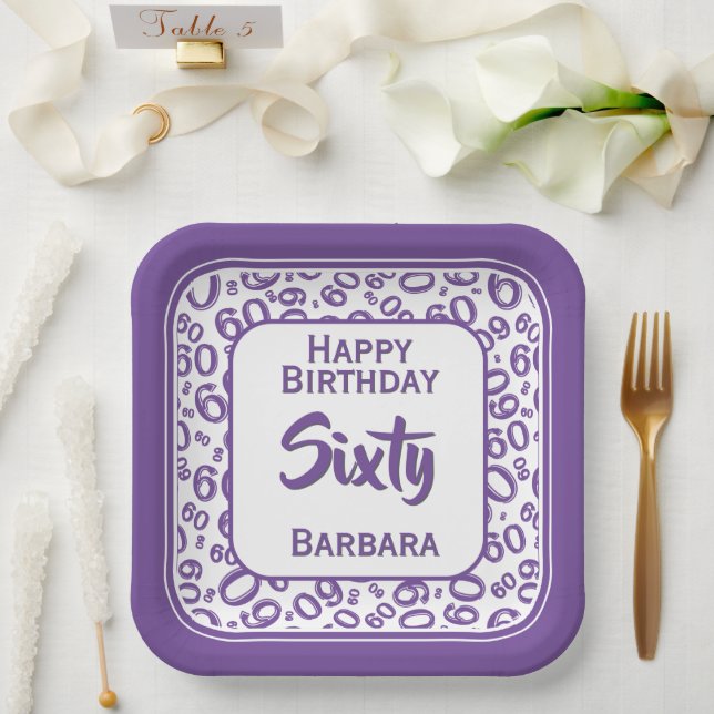 60th Party Random Number Pattern Purple/White  Paper Plate (Wedding)