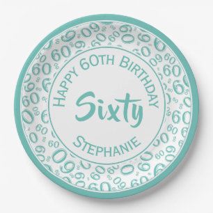 60th Party Random Number Pattern Teal/White Paper Plate