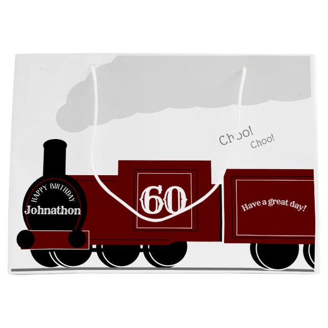 60th Personalised steam train birthday Large Gift Bag (Front)
