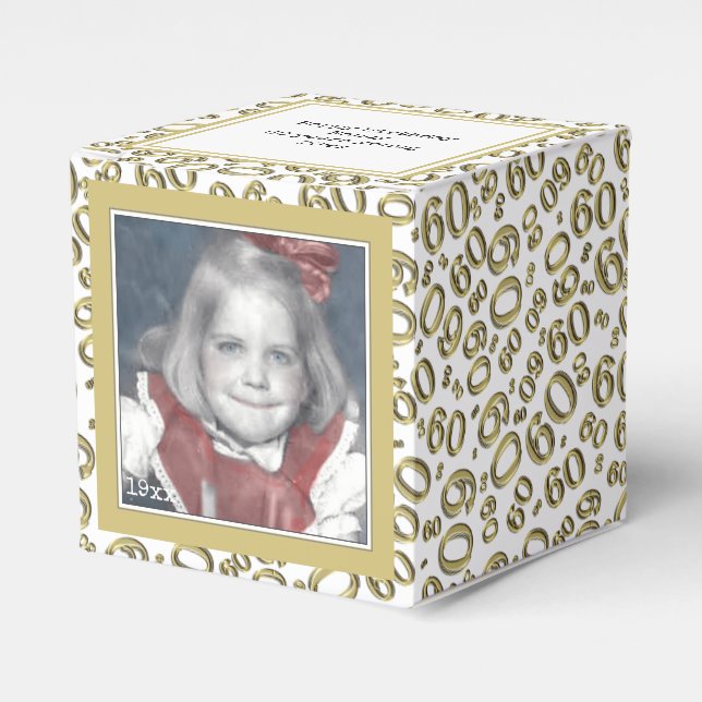 60th Photo Keepsake - Gold/White  Number Pattern Favour Box (Front Side)
