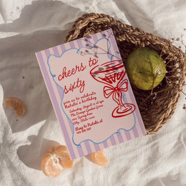 60th Pink Drawn Colourful Champagne Glass Birthday Invitation (Creator Uploaded)